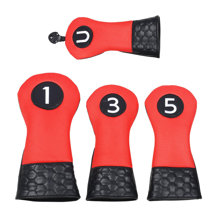 4-Piece Golf Wood Headcover Set – Driver, Fairway & Hybrid (Red Mesh)