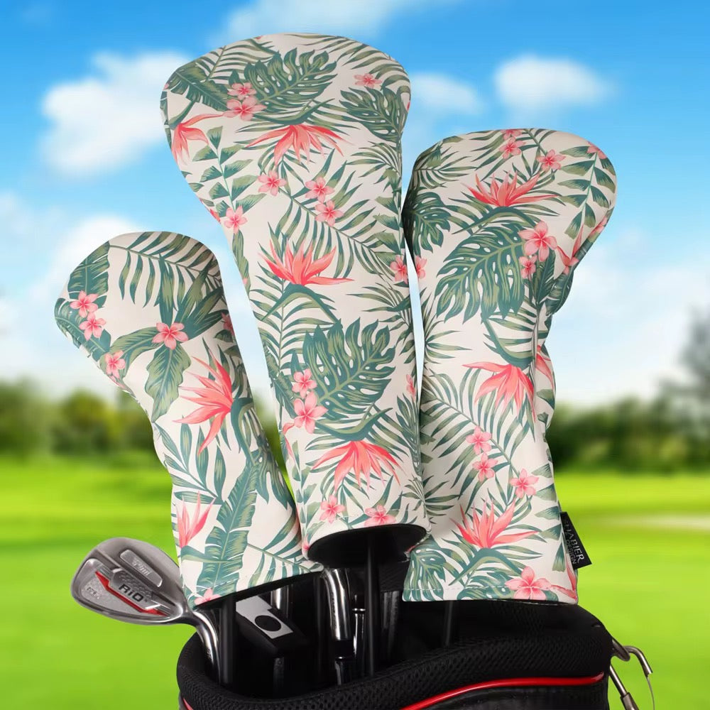 Tropical Paradise Golf Headcover – Floral Print PU Leather (Driver, Fairway, Hybrid)