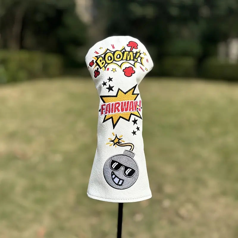 "BOOM!" Pop Art Bomb Golf Head Covers – White PU Leather (Driver, Fairway, Hybrid)