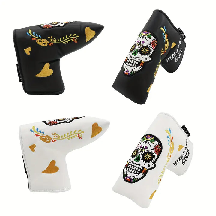 Sugar Skull Blade Putter Cover – Black & White Embroidered Leather