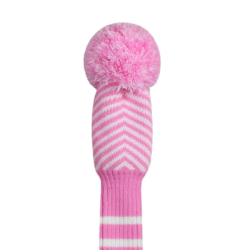 3-Piece Pink Knitted Pom Pom Golf Headcovers – Chevron Knit Set