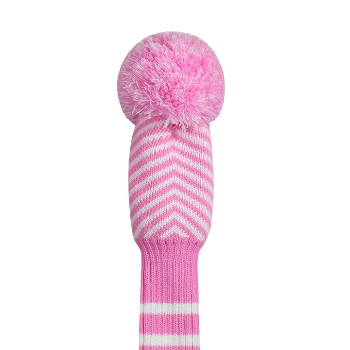 3-Piece Pink Knitted Pom Pom Golf Headcovers – Chevron Knit Set