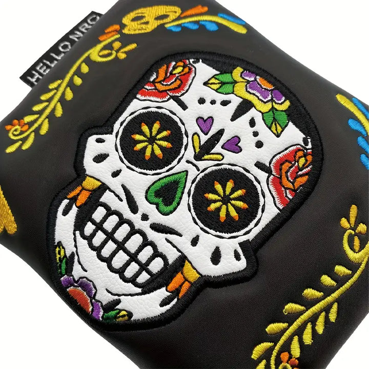 Sugar Skull Mallet Putter Cover – Black & White Embroidered Leather