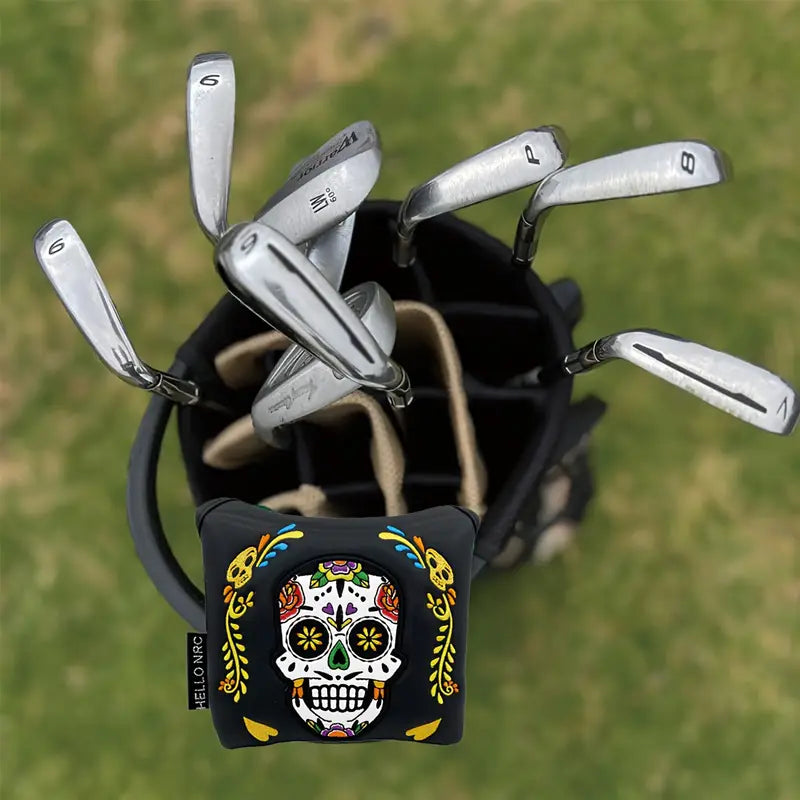 Sugar Skull Mallet Putter Cover – Black & White Embroidered Leather