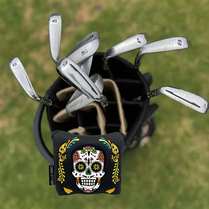 Sugar Skull Mallet Putter Cover – Black & White Embroidered Leather