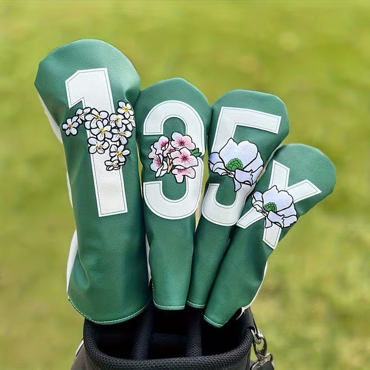 4-Piece Spring Sakura Green Golf Headcover Set – Floral PU Leather
