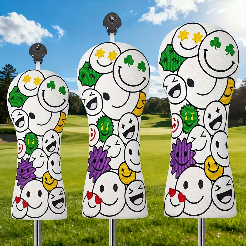 Lucky Smiley Golf Headcover – White PU Leather (Driver, Fairway, Hybrid)
