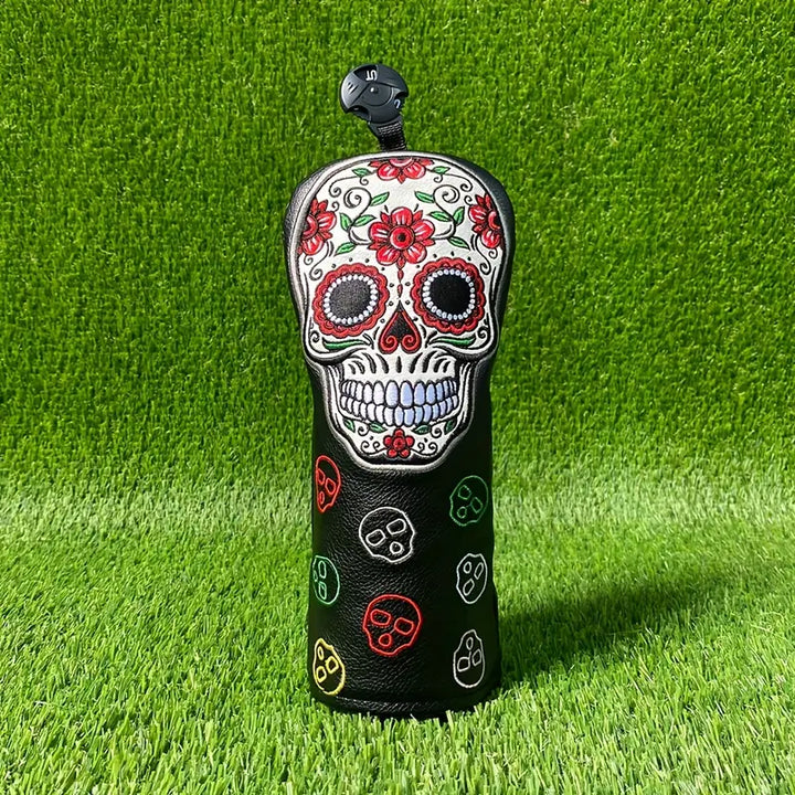 Premium Black Leather Golf Head Covers – Colorful Sugar Skull Embroidery (Driver, Fairway, Hybrid)