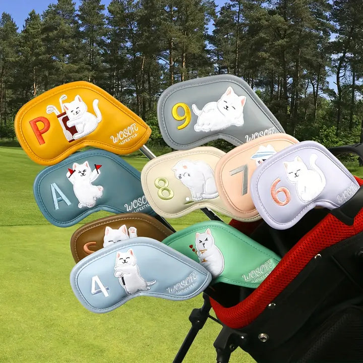 9-Piece Stuffed Cat Golf Iron Head Covers – Pastel PU Leather