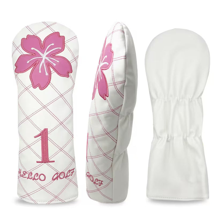 "Sakura White" Quilted Golf Headcover – Pink Flower Embroidery (Driver, Fairway, or Hybrid)