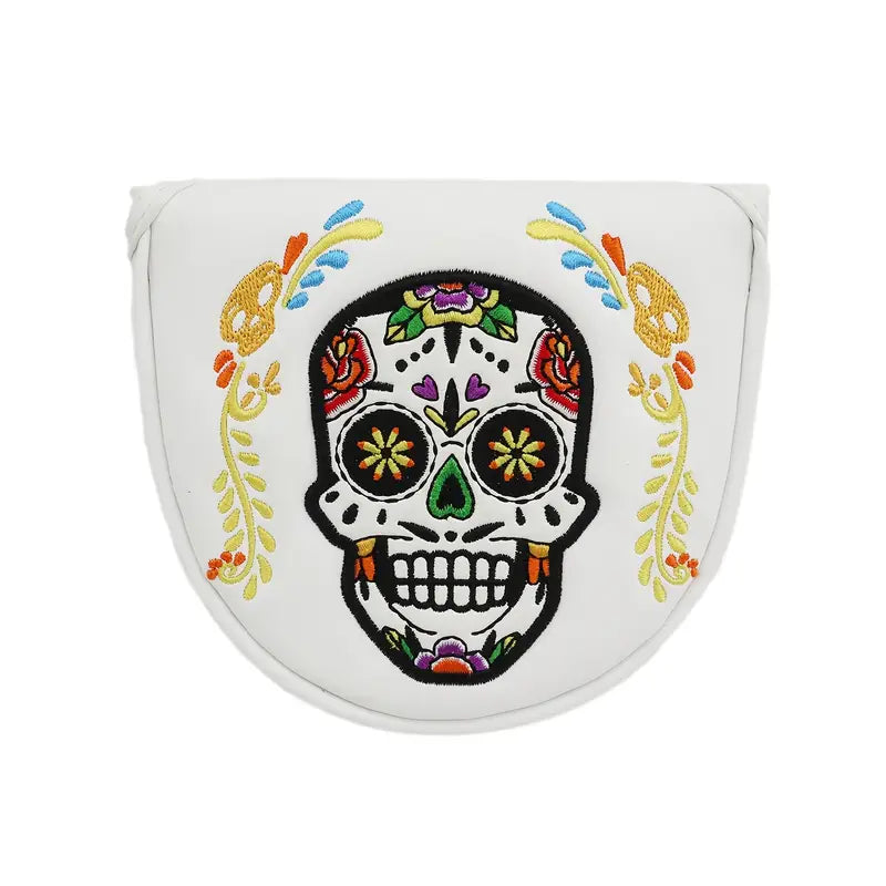 Sugar Skull Mallet Putter Cover – Black & White Embroidered Leather