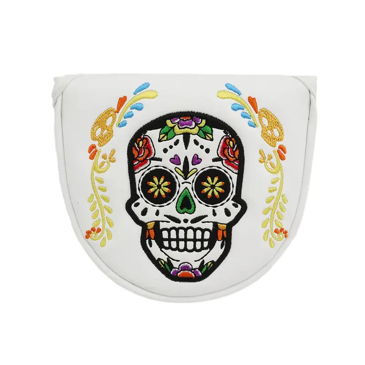 Sugar Skull Mallet Putter Cover – Black & White Embroidered Leather