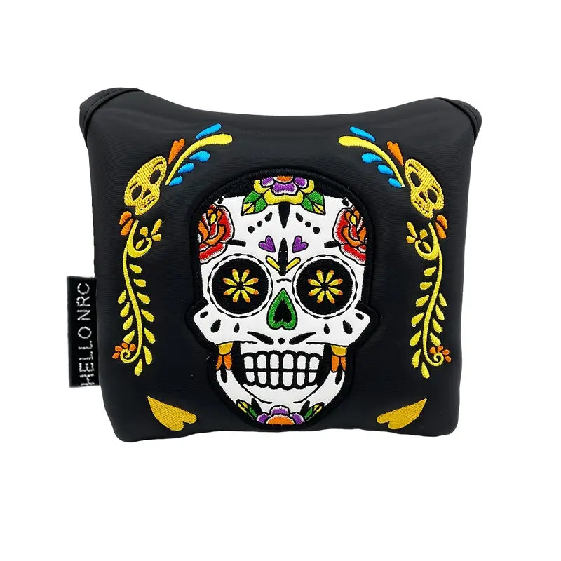 Sugar Skull Mallet Putter Cover – Black & White Embroidered Leather