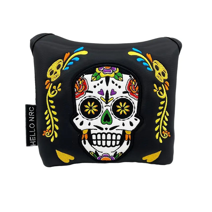 Sugar Skull Mallet Putter Cover – Black & White Embroidered Leather