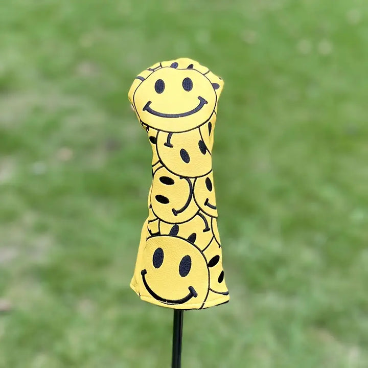 "Happy Smiles" Yellow Golf Head Covers – All-Over Smiley Face Pattern (Driver, Fairway, Hybrid)