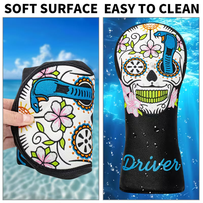 Sugar Skull & Cobra Golf Headcover – Day of the Dead PU Leather