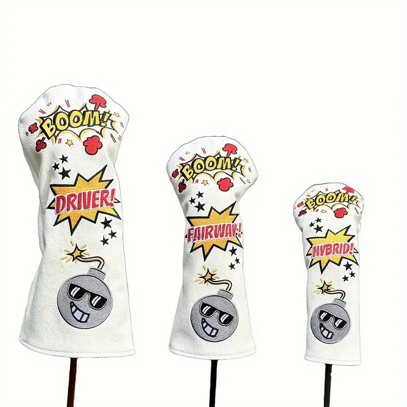 "BOOM!" Pop Art Bomb Golf Head Covers – White PU Leather (Driver, Fairway, Hybrid)