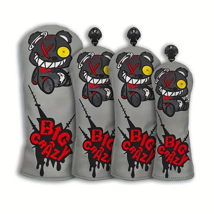 "Big Crazy" Zombie Bear Golf Head Covers – Gray PU Leather (Driver, Fairway, Hybrid)