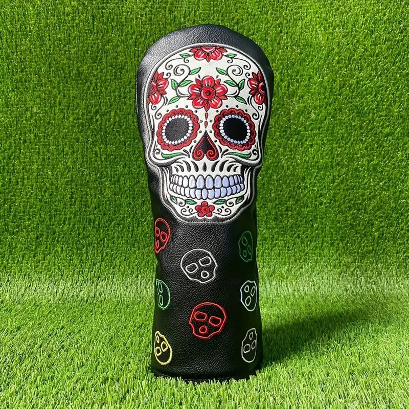 Premium Black Leather Golf Head Covers – Colorful Sugar Skull Embroidery (Driver, Fairway, Hybrid)