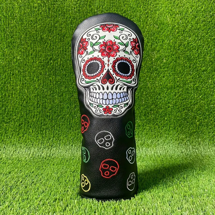 Premium Black Leather Golf Head Covers – Colorful Sugar Skull Embroidery (Driver, Fairway, Hybrid)