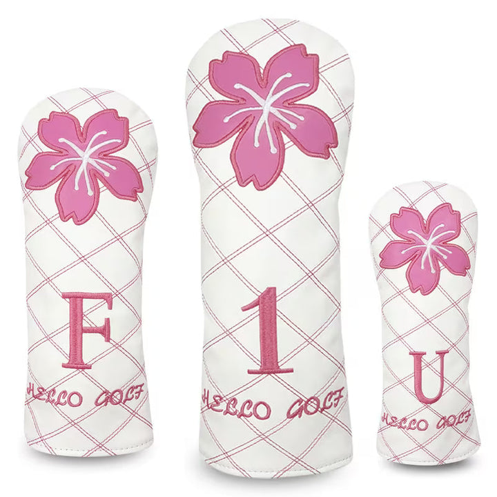 "Sakura White" Quilted Golf Headcover – Pink Flower Embroidery (Driver, Fairway, or Hybrid)