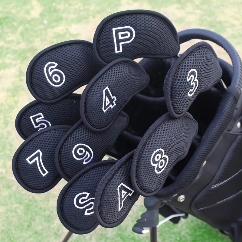 10-Piece Black Mesh Golf Iron Head Covers – Breathable Set (3-9, P, A, S)