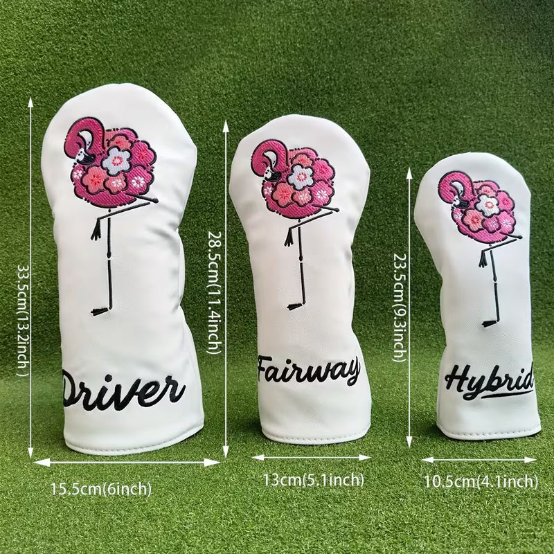 Floral Flamingo Golf Headcovers – White PU Leather (Driver, Fairway, Hybrid)