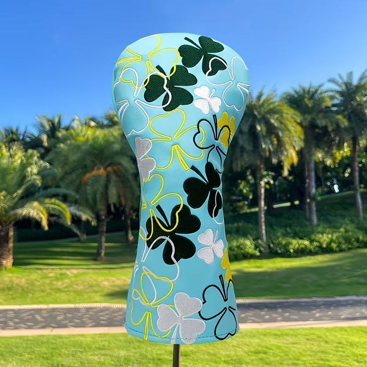 Lucky Clover Golf Headcover – Light Blue PU Leather (Driver, Fairway, Hybrid)