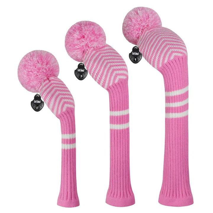 3-Piece Pink Knitted Pom Pom Golf Headcovers – Chevron Knit Set