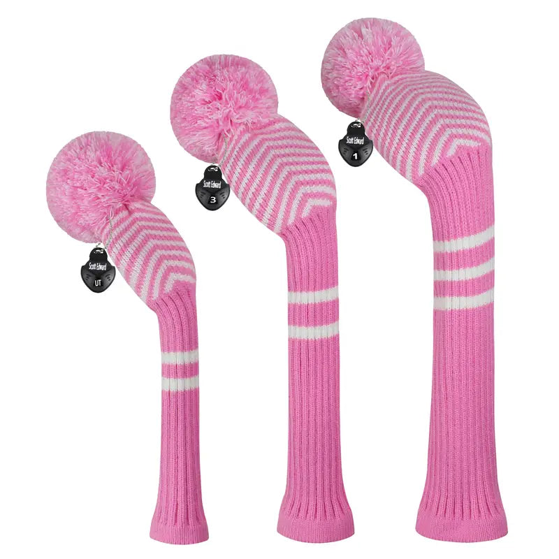 3-Piece Pink Knitted Pom Pom Golf Headcovers – Chevron Knit Set
