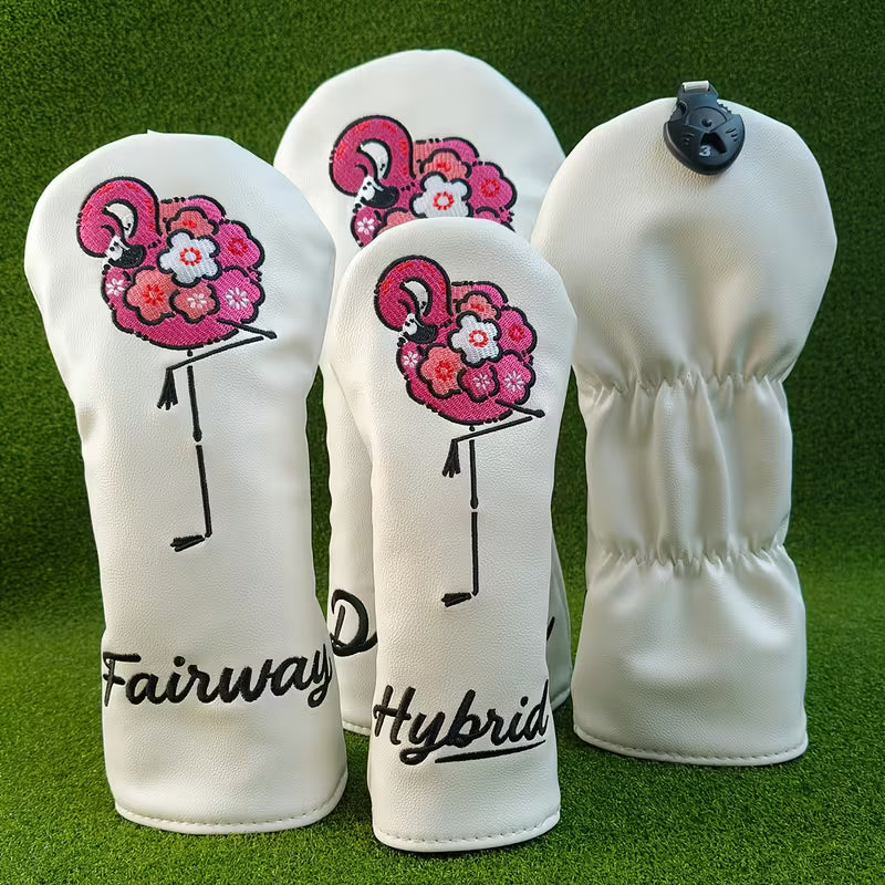 Floral Flamingo Golf Headcovers – White PU Leather (Driver, Fairway, Hybrid)