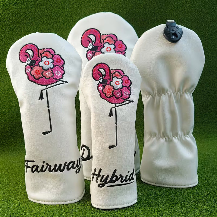 Floral Flamingo Golf Headcovers – White PU Leather (Driver, Fairway, Hybrid)