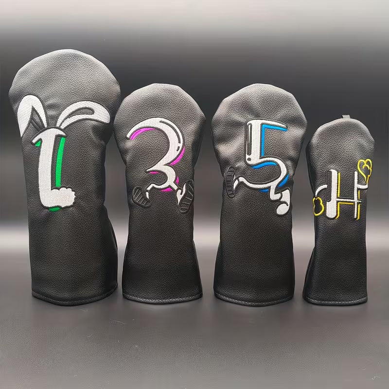 4-Piece Cartoon Walker Golf Headcover Set – Black PU Leather