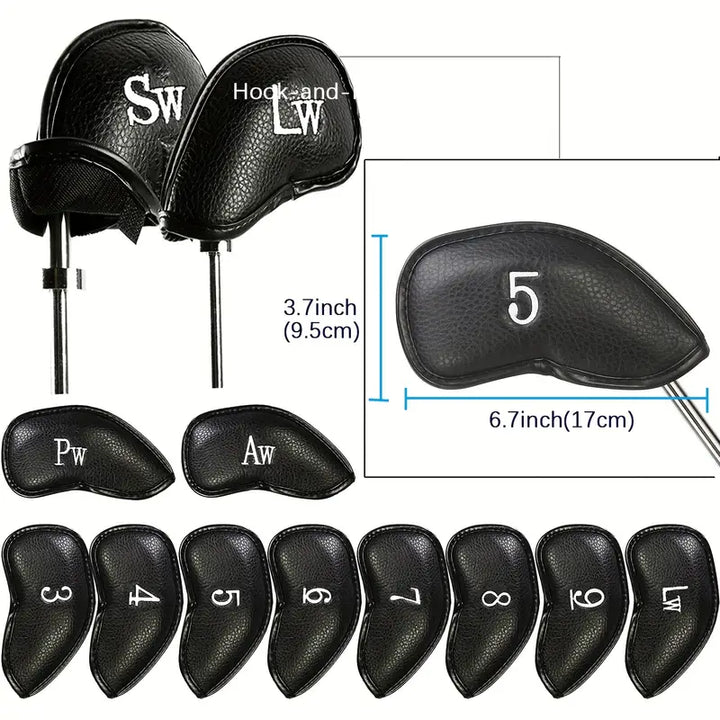 12-Piece Black Golf Iron Head Covers – PU Leather with Velcro Closure