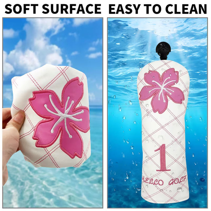 "Sakura White" Quilted Golf Headcover – Pink Flower Embroidery (Driver, Fairway, or Hybrid)